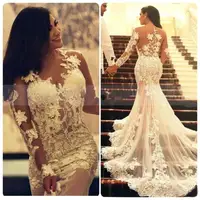Robe De MariageLuxury Sheer Lace Mermaid Wedding   Dress 2016 Elegant Long Sleeve Wedding Gowns Vestido De Noiva